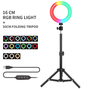 16cmSelfie Rainbow RingLight Photography LED Rim Of Ring Lamp With Mobile Stand Round Ringlight Tripod For Phone Smartphone Live