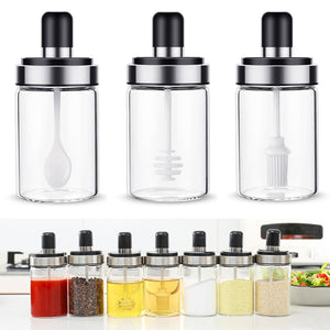 Stainless Steel Glass Seasoning Bottle Salt Storage Box Spice Jar with Spoon Kitchen Supplies For Salt Sugar Pepper Powder